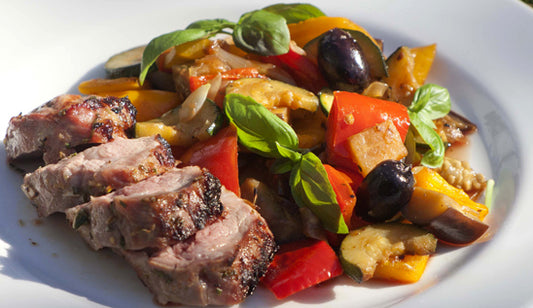 Bradley Smoked and Grilled Lamb Neck Fillet with Mediterranean Vegetables